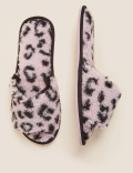 Borg Leopard Print Open Toe Mule Slippers
