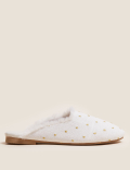 Embroidered Faux Fur Lined Mule Slippers