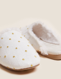 Embroidered Faux Fur Lined Mule Slippers