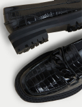 Leather Croc Block Heel Square Toe Loafers