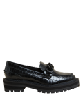 Leather Croc Block Heel Square Toe Loafers