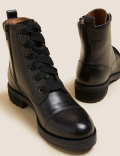 Leather Lace Up Block Heel Ankle Boots