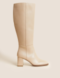 Leather Block Heel Knee High Boots