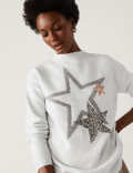 Sequin Star Crew Neck Relaxed Jumper