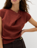Draped Neck Knitted Top with Wool
