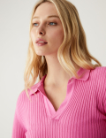Ribbed Collared V-Neck Jumper