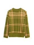Checked Crew Neck Relaxed Fit Jumper With Wool