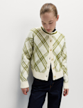 Checked Crew Neck Cardigan With Wool