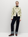 Checked Crew Neck Cardigan With Wool