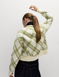 Checked Crew Neck Cardigan With Wool