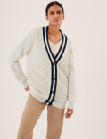 Cotton Rich Cable Knit V-Neck Cardigan