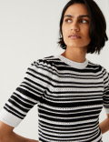 Cotton Rich Striped Crew Neck Knitted Top