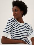Cotton Rich Striped Puff Sleeve Knitted Top