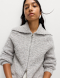 Bouclé Zip Up Collared Knitted Jacket with Wool