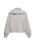 Bouclé Zip Up Collared Knitted Jacket with Wool