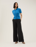 Ribbed Collared Button Through Knitted Top