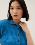 Ribbed Collared Button Through Knitted Top