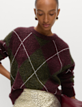 Wool Blend Argyle Crew Neck Relaxed Jumper