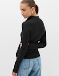 Ribbed Textured Half Zip Fitted Knitted Top