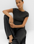 Ribbed Slash Neck Fitted Knitted Top