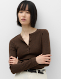 Ribbed Henley Neck Fitted Knitted Top