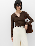 Ribbed Henley Neck Fitted Knitted Top