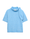 Wool Blend Scarf Neck Tie Knitted Short Sleeve Top