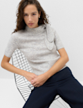 Wool Blend Scarf Neck Tie Knitted Short Sleeve Top