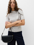 Wool Blend Scarf Neck Tie Knitted Short Sleeve Top