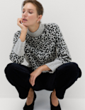 Animal Print Funnel Neck Relaxed Fit Jumper with Wool