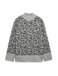 Animal Print Funnel Neck Relaxed Fit Jumper with Wool