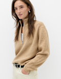 Wool Blend Textured Funnel Neck Half Zip Jumper