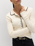 Ribbed Collared Button Detail Knitted Top