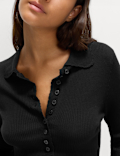 Ribbed Collared Button Detail Knitted Top