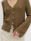 Cotton Rich Pearl Detail Scallop Edge Cardigan