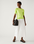 Cotton Rich Ribbed Crew Neck Knitted Top
