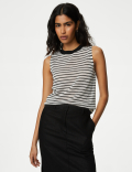 Striped Round Neck Knitted Vest with Linen