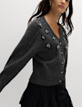 Embellished V-Neck Cardigan with Wool