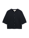 Air-Yarn Button Front Short Sleeve Cropped Cardigan