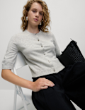 Air-Yarn Button Front Short Sleeve Cropped Cardigan