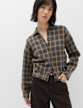 Checked Collared Button Front Cardigan with Wool