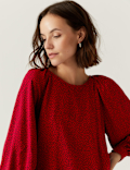 Printed Crew Neck Blouson Sleeve Blouse