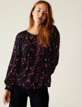 Printed Crew Neck Blouson Sleeve Blouse