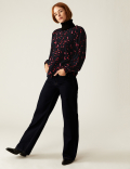 Printed Crew Neck Blouson Sleeve Blouse