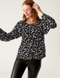 Printed Crew Neck Blouson Sleeve Blouse