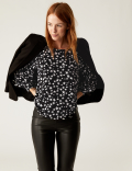 Printed Crew Neck Blouson Sleeve Blouse