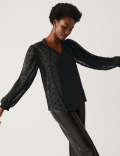 Sheer Textured Star Print Tie Neck Blouse