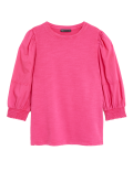Pure Cotton Crew Neck Volume Sleeve Top