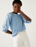Pure Cotton Crew Neck Volume Sleeve Top