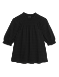 Cotton Blend Shirred Puff Sleeve Blouse